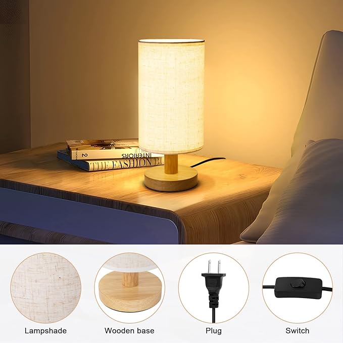 Small Bedside Table Lamp for Bedroom, Minimalist Wood Base & Round Fabric Shade - Image 4
