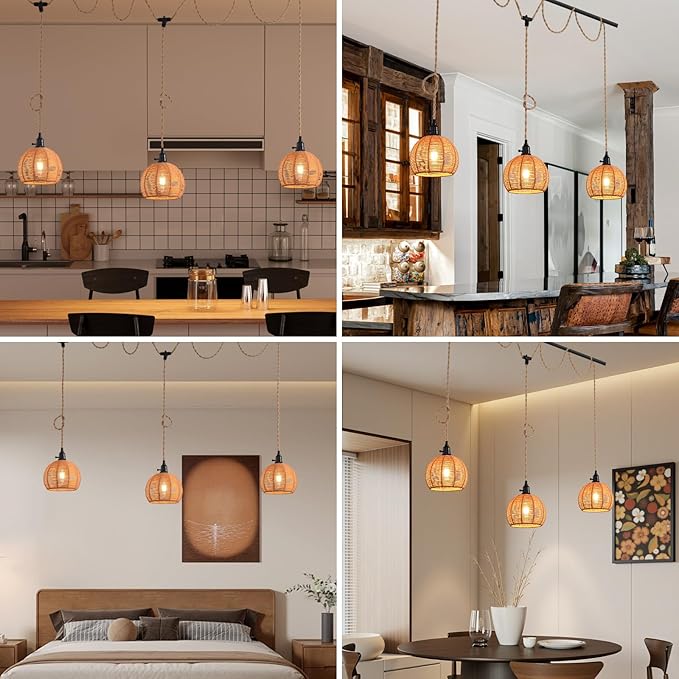 3-Light Hanging Light with Plug in Cord, Plug in Pendant Light 22ft Hemp Rope - Image 5