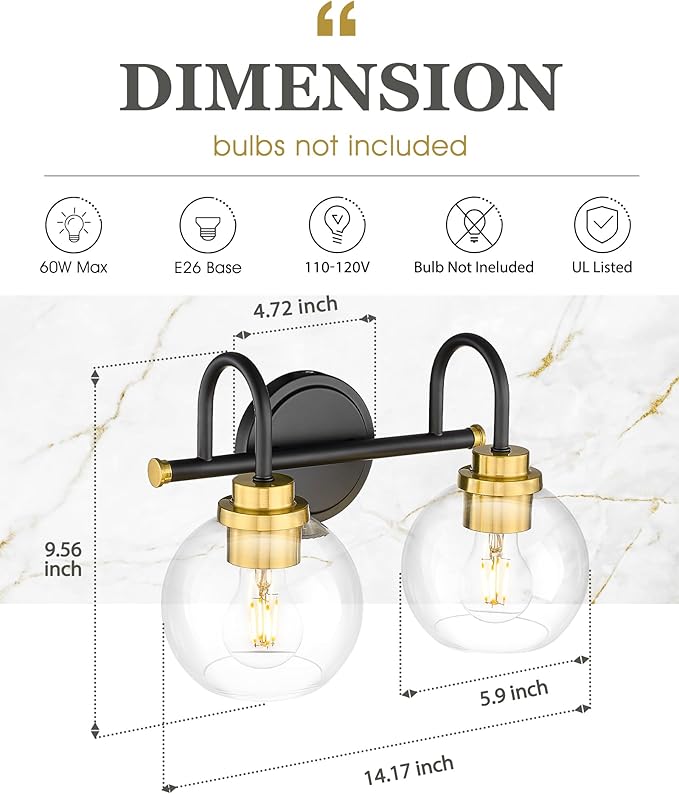 Bathroom Light Fixtures, 2-Light Black and Gold Vanity Lights - Image 2
