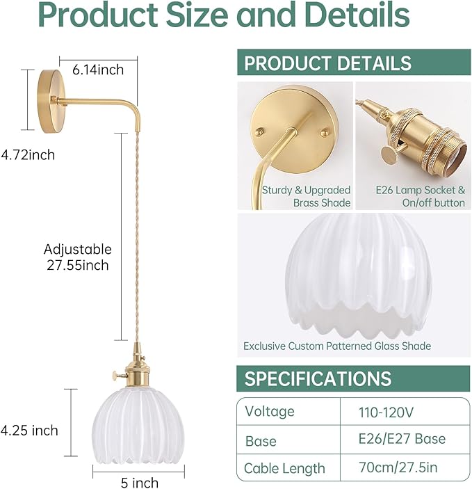 Vintage Wall Sconce with White Tulip Shade Pattern Glass Adjustable Chain Retro - Image 3