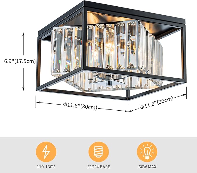 4-Lights K9 Crystal Ceiling Light, Close to Ceiling, 2-Tier Square Flushmount - Image 4