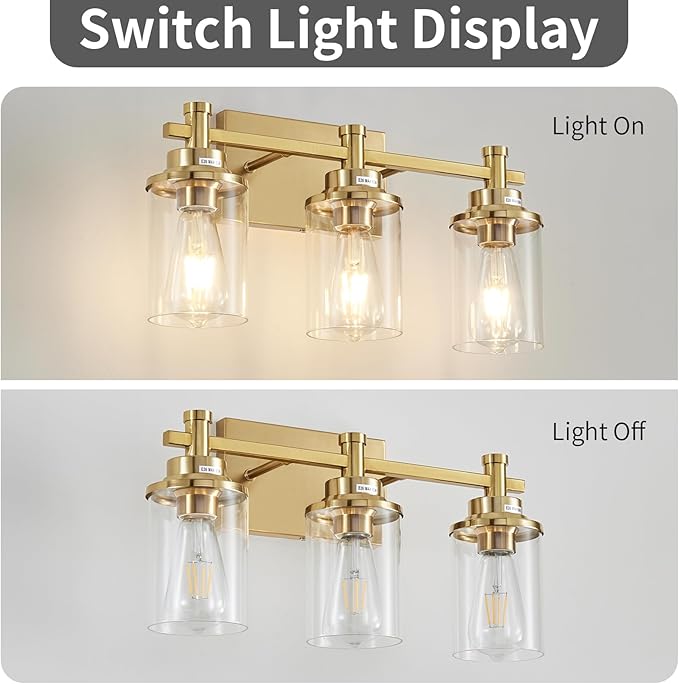 3 Light Gold Bathroom Vanity Light Over Mirror, Brushed Brass Vanity Light - Image 3