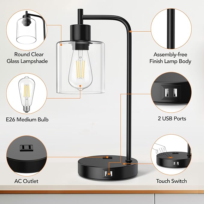 QiMH Industrial Touch Control Table Lampwith 2 USB Ports and AC Outlet - Image 4