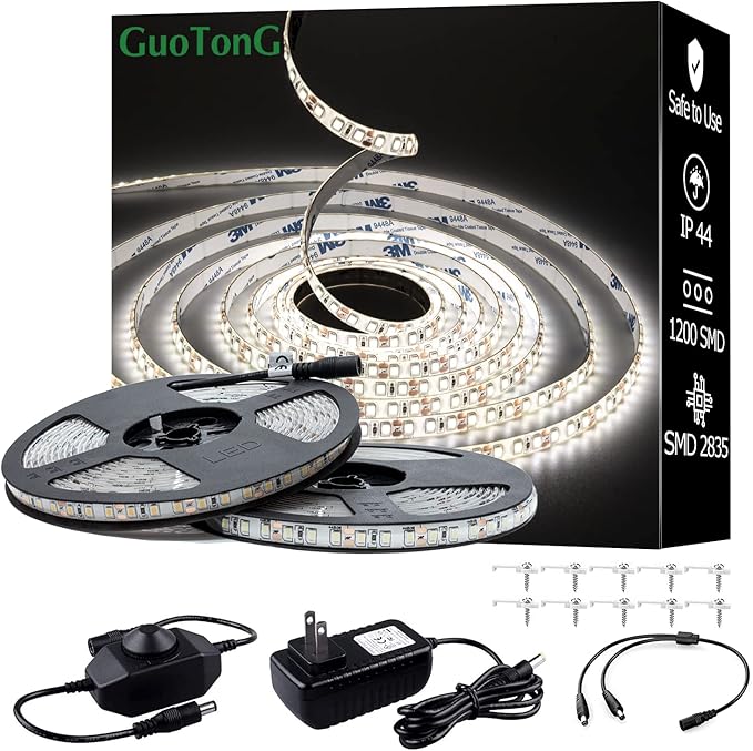 White LED Strip Lights, IP44 Waterproof 2835 LED Lights, 6000K 12V 65.6ft/20m by Guotongiscommittedtocreatingthequalitydecorativeledlights