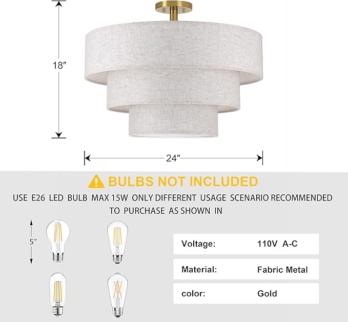 Doraimi Lighting 3 Tier Cream Linen Drum Fabric Semi Flush Mount Light Modern - Image 2