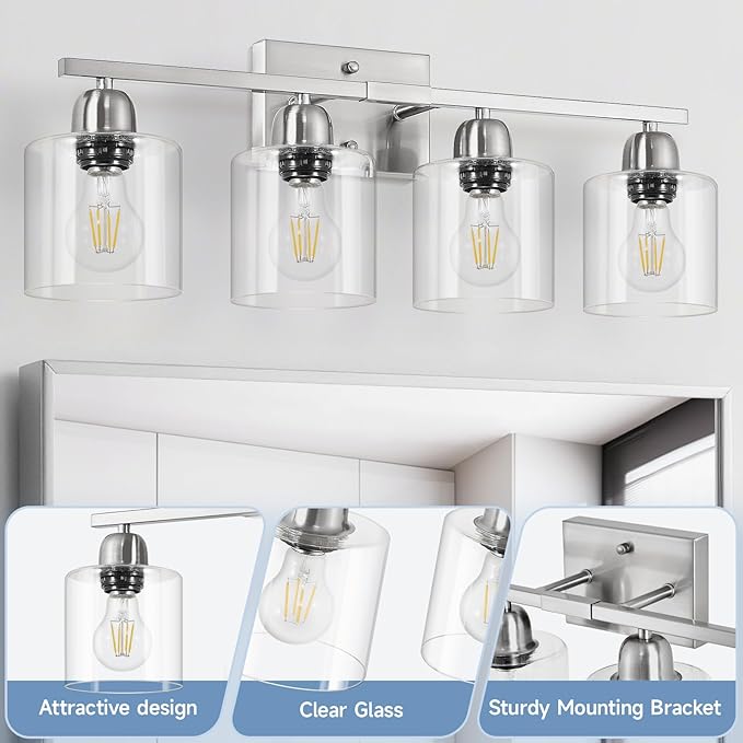 Modern Brushed Nickel 4 Light Bathroom Light Fixtures, 24 inch Vanity Lights - Image 3