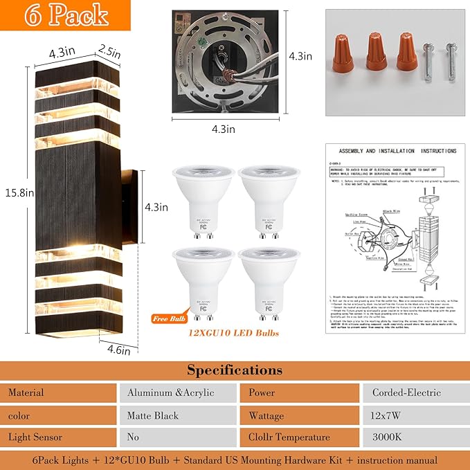6 Pack Up and Down Wall Lights, 14W IP65 3000K 1100LM Warm White, Aluminum - Image 6