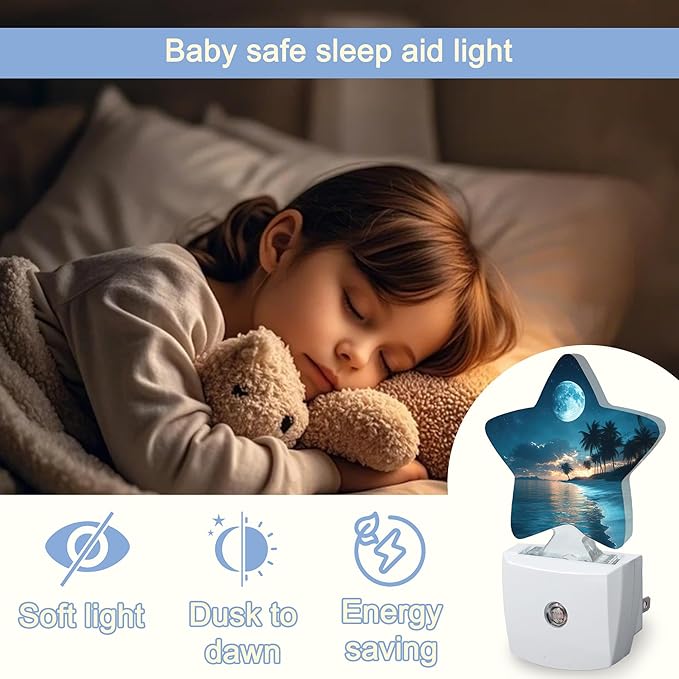 Moon Beach Night Light, Tropical Palm Tree Plug-in Star Night Lights - Image 6
