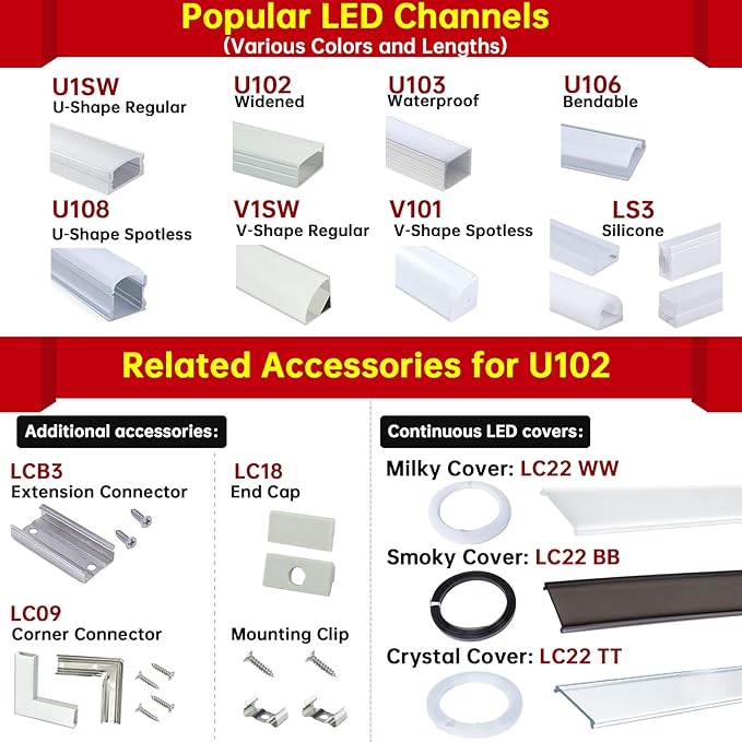 Muzata 10Pack 6.6FT/2M Wider LED Channel Silver Aluminum LED Strips Diffuser - Image 9