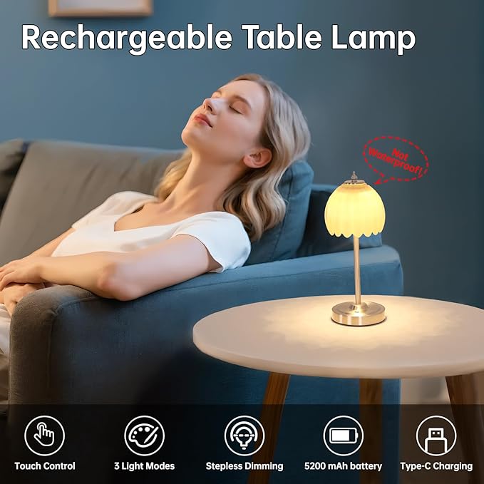 Tulip Table Lamp with 5200mAh Battery & Touch Control, Cordless Small Table - Image 3