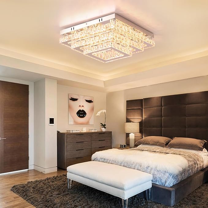 Finktonglan Modern Square Crystal LED Ceiling Light Fixture, 15” Dimmable - Image 2