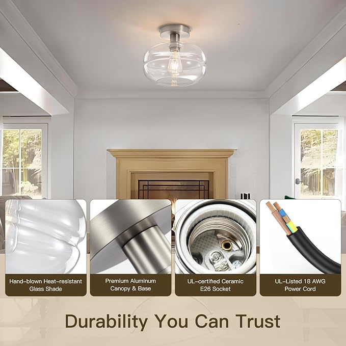 Semi Flush Mount Ceiling Light Fixture, 10-1/2 Inch Clear Glass Shade, Brushed - Image 4