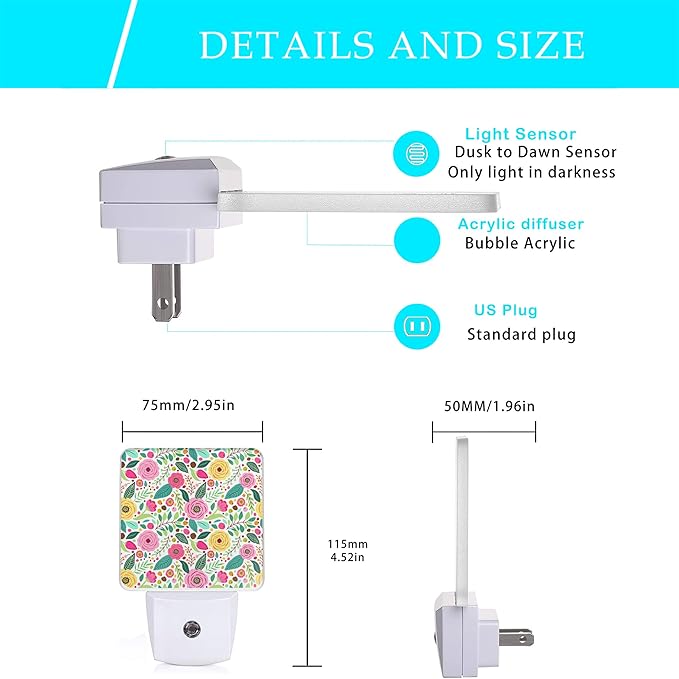 Retro Flowers Night Light, Spring Retro Rustic Flowers Night Lights Plug into - Image 2
