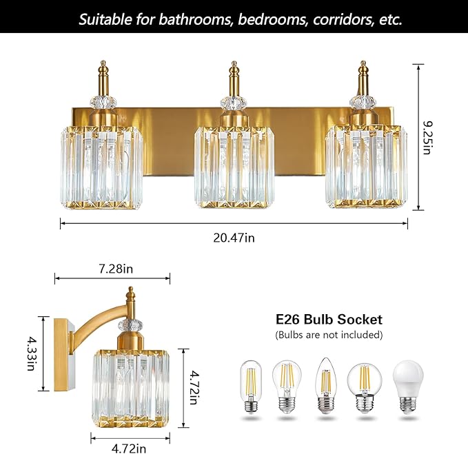 Modern Bathroom Vanity Light 3-Light Gold Crystal Light Fixtures Over Mirror - Image 4