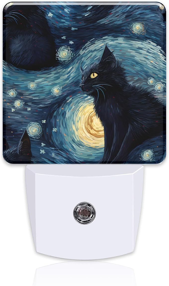 Starry Night Black Cat Night Light Plug into Wall, Abstract Oil Painting Cat by sndheke