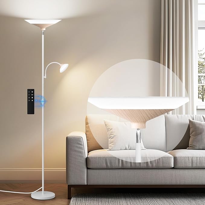 Torchiere Floor Lamp with Wood Grain Shade, 2-in-1 Floor Reading Lamp with by SIBRILLE