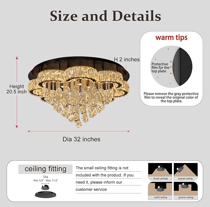Flashing God W32inches Modern Black Chandeliers Raindrop Crystal Ceiling - Image 4