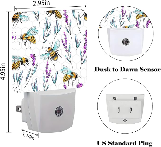 Bees and Lavender Flowers Night Light, Plug-in Night Lights - Image 2
