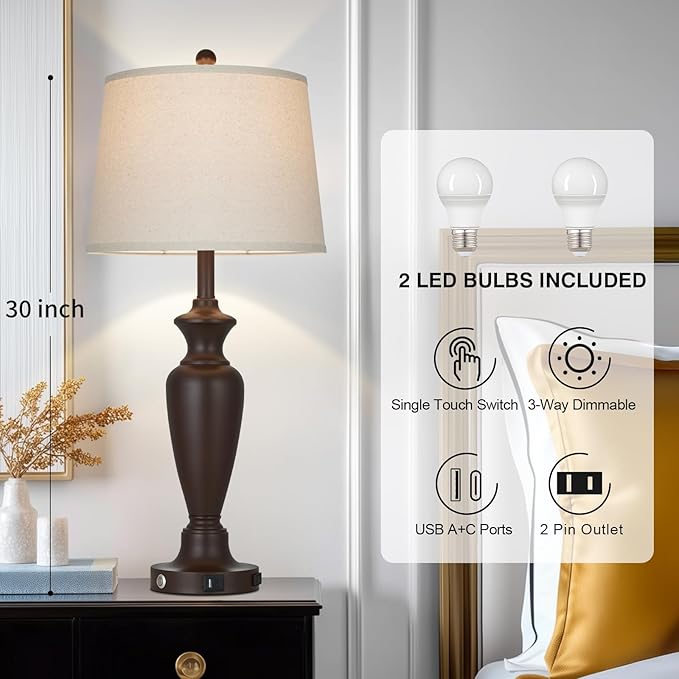 30" Tall Metal Table Lamps Set of 2, Touch Control Bedside Lamps - Image 2