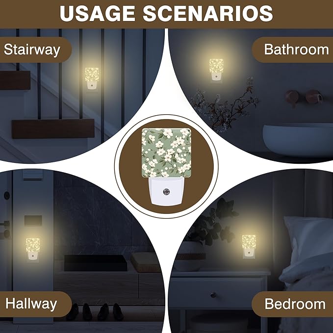 Night Light White and Green Flowers Night Lights Plug into Wall Smart Dusk to - Image 6