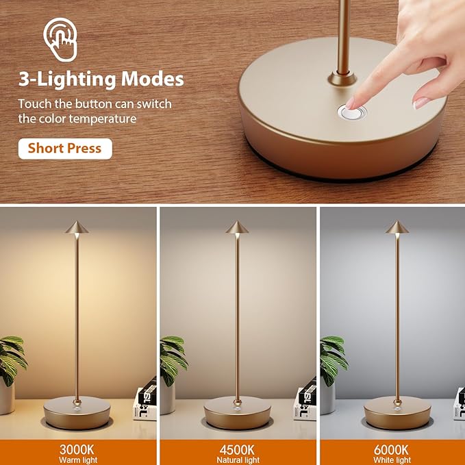 Rechargeable Cordless Table Lamp, Portable Powered LED Battery 6000mAh Metal - Image 3