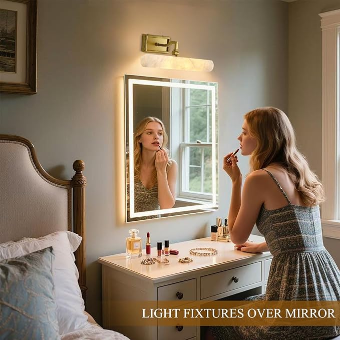 Alabaster Vanity Light, 12in Brass Bathroom Light Fixtures over Mirror - Image 9