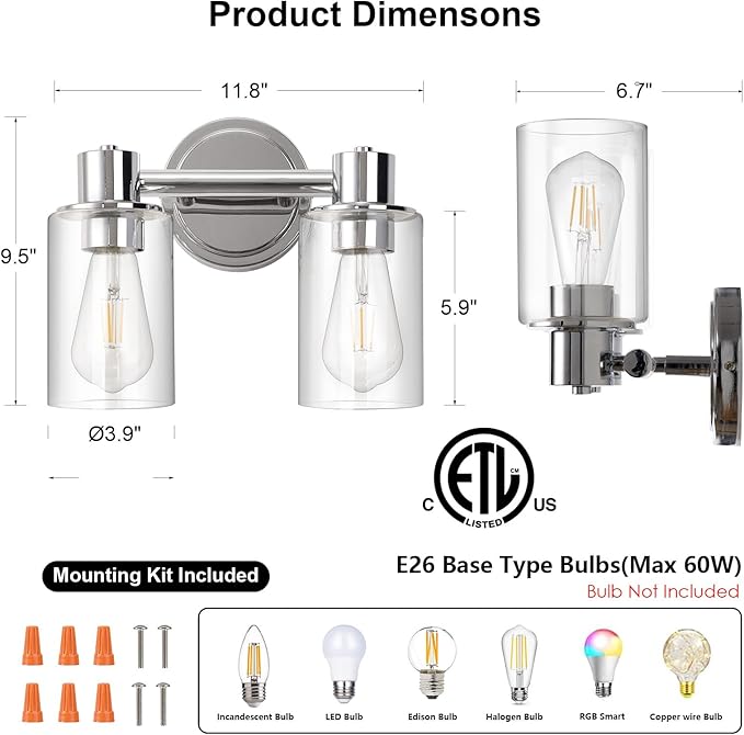 2 Light Bathroom Wall Sconce Light Fixtures - Image 2