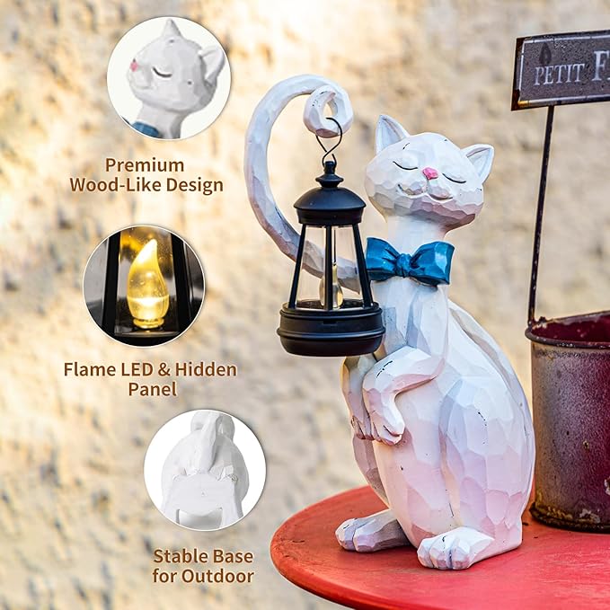 WHIMSYNOOK 10.7" White Cat Solar Garden Light Statue – Outdoor Garden & Yard - Image 4