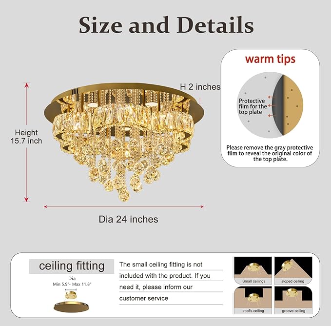 Flashing God W24inches Modern Gold Chandeliers Flush Mount Ceiling Chandeliers - Image 4