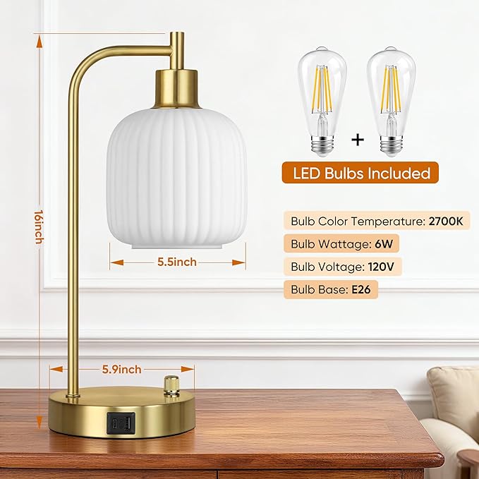 QiMH Industrial Table Lamp for Bedroom Set of 2, Cream Glass Beside Lamp - Image 3