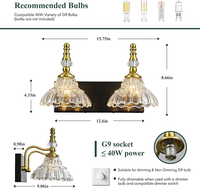 Vintage Bathroom Vanity Light, 2-Light Black Gold Vanity Lighting Fixture - Image 2