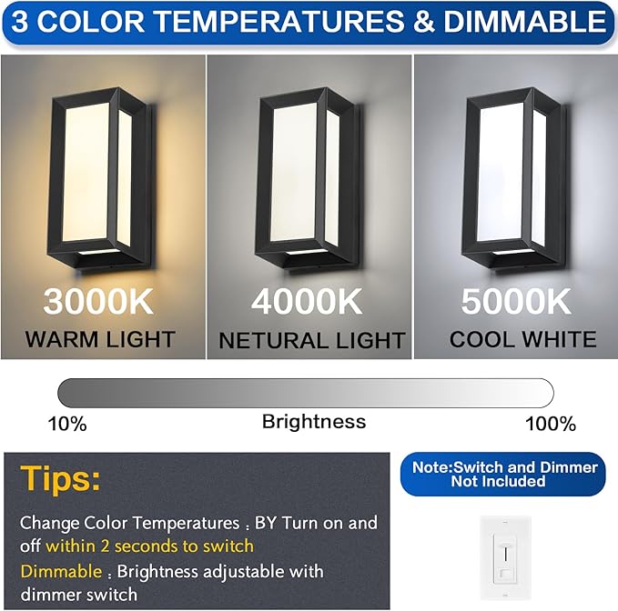 Outdoor Light Fixtures Wall Mount 2 Pack, 3 Colors & Dimmable, Exterior Wall - Image 2