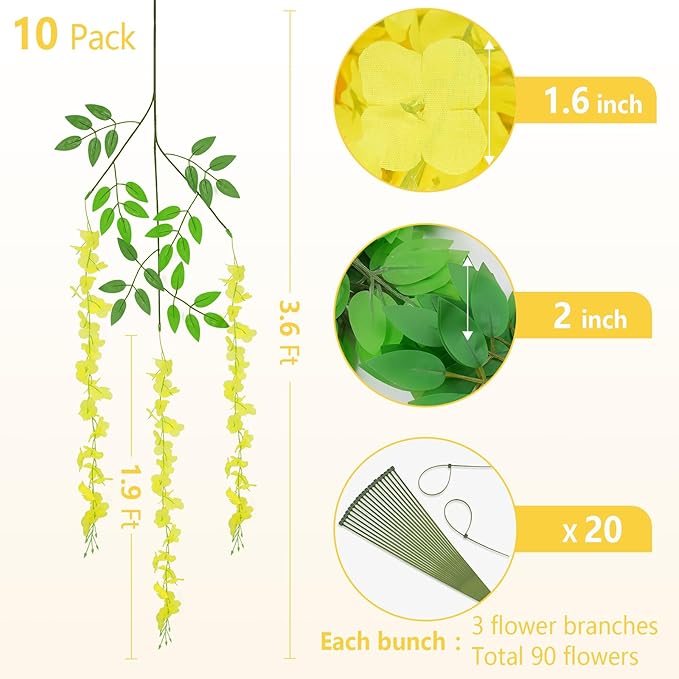 BLEUM CADE 10Pcs Yellow Fake Wisteria Hanging Flowers, 3.6Ft/Pcs Artificial - Image 2