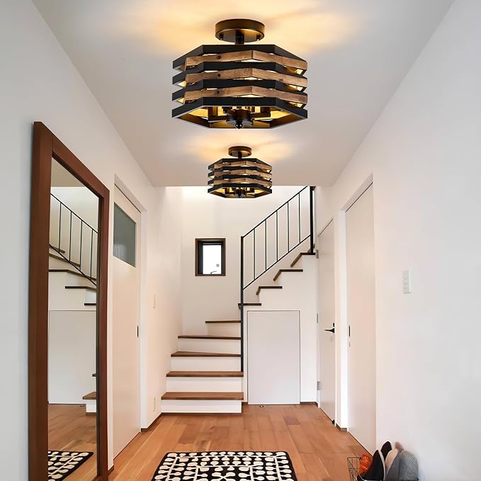 Farmhouse Rustic Wood Flush Mount Ceiling Light Fixtures, 4-Light Close to - Image 2