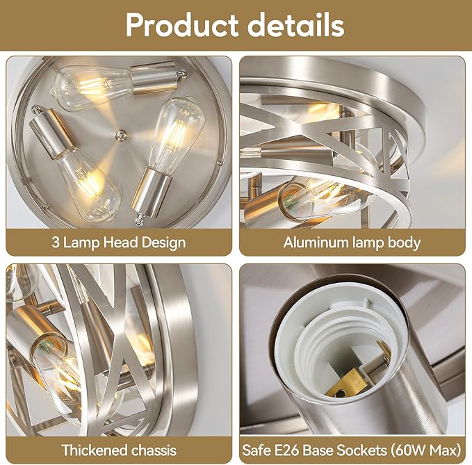 Brushed Nickel Cage Ceiling Light Fixtures, 13 Inch Indoor Close to Ceiling - Image 5