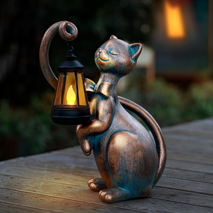 WHIMSYNOOK 10.7" Bronze Cat Solar Garden Statue Light – Cute Kitty Design by WhimsynookUSDirect
