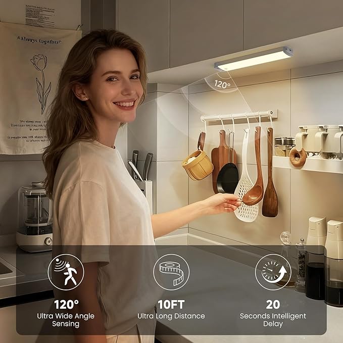 3-Pack Under Cabinet Lights, 8.3" 150LM Motion Sensor LED, USB-C 1500mAh - Image 3