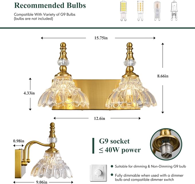 Vintage Bathroom Vanity Light, 2-Light Gold Vanity Lighting Fixture - Image 2