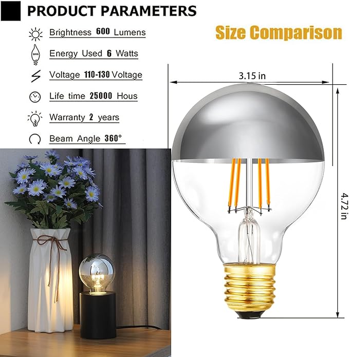 Leools Half Chrome Light Bulb 6W Dimmable LED Edison Bulb G80/G25 Globe Shape - Image 2