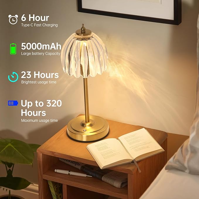 Tulip Table Lamp with 5000mAh Battery & Touch Control, Cordless Small Table - Image 6