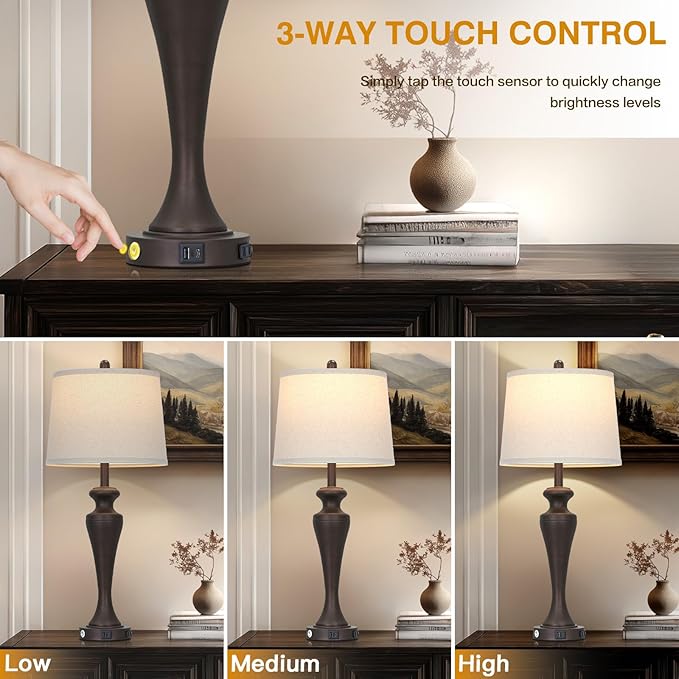 30" Brown Table Lamps Set of 2, 3-Way Touch Control Bedside Lamp - Image 4