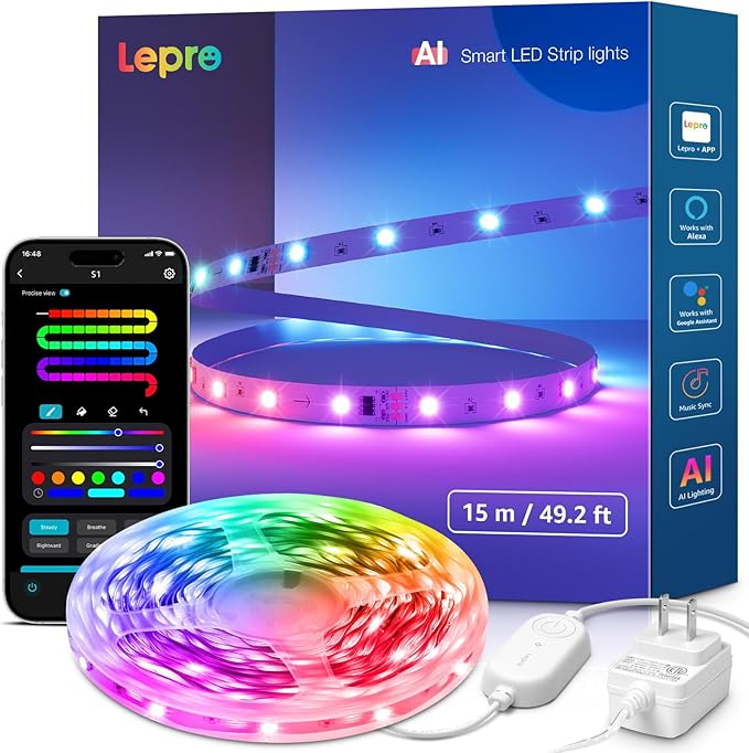 Lepro S1 AI LED Strip Lights for Christmas Decorations, 50ft Smart RGB Light by Lepro