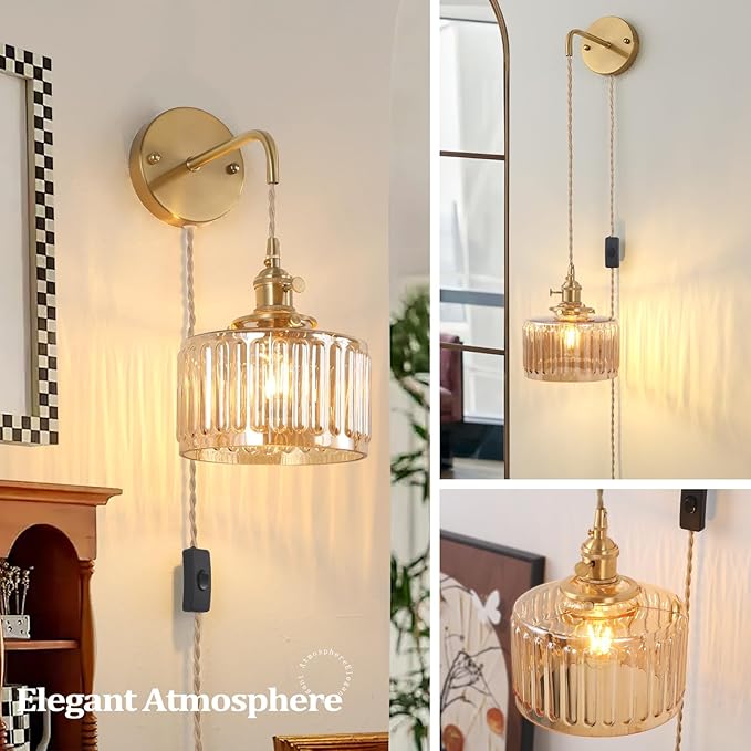 Vintage Wall Sconce with Amber Striped Glass Shade Hanging Wall Sconce with - Image 7