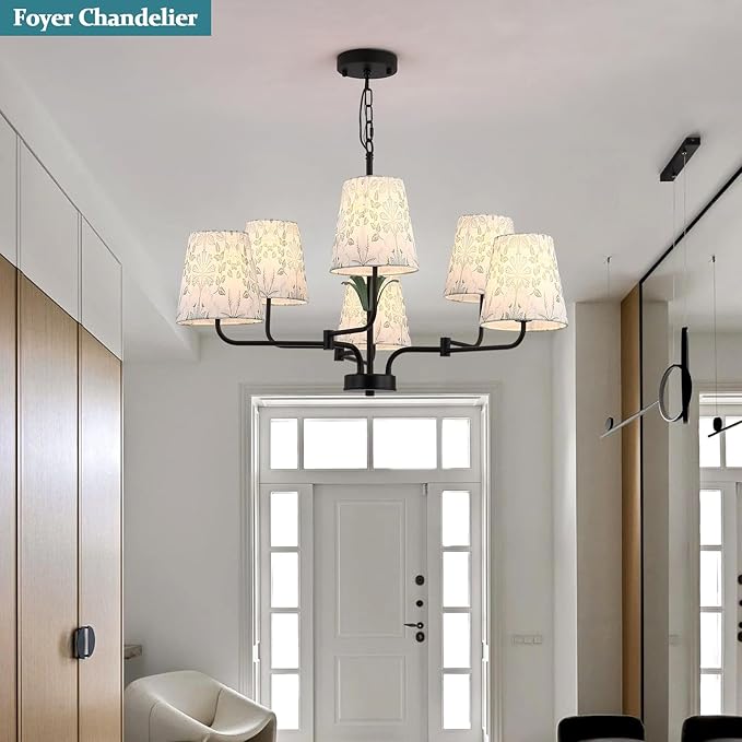 Black Chandeliers with White Fabric Shade, Farmhouse Green Plants Chandelier - Image 3