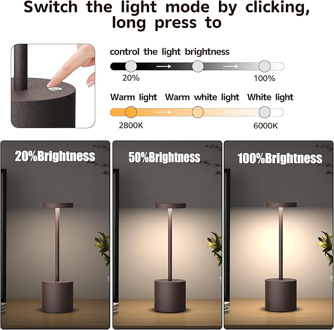 2Pack Cordless Table Lamp, Rechargeable LED Battery 5000mAh Metal USB Portable - Image 2