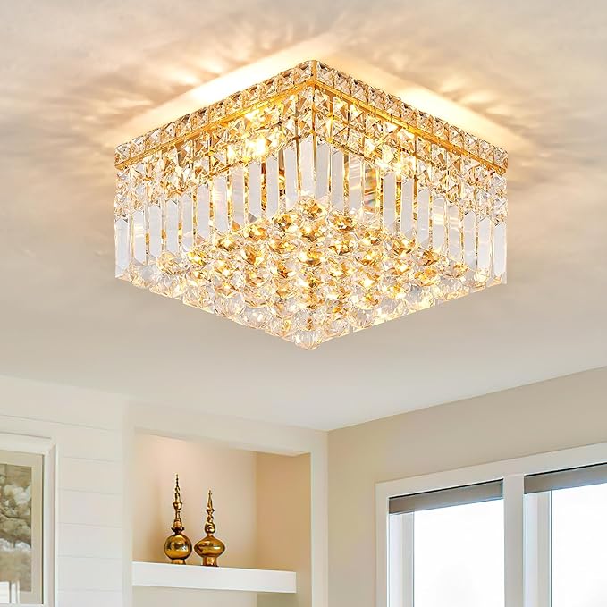 4-Light Gold Crystal Chandeliers Flush Mount Chandelier Light Fixture by CEENLI