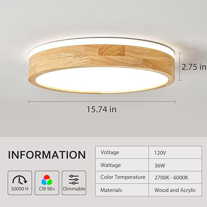 Modern Dimmable Wood Flush Mount Ceiling Light, 2700K-6000K 5CCT Round Close to - Image 4