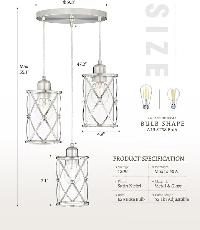 Brushed Nickel Dining Room Chandelier Light Fixture, 3-Light Pendant Lighting - Image 3