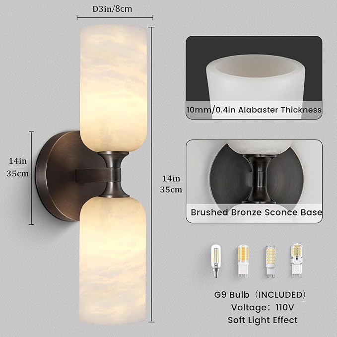 14in Modern Spanish Natural Marble Bathroom Vanity Sconces, Alabaster Wall - Image 5