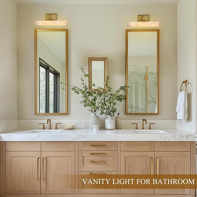 Alabaster Vanity Light, 12in Brass Bathroom Light Fixtures over Mirror - Image 16